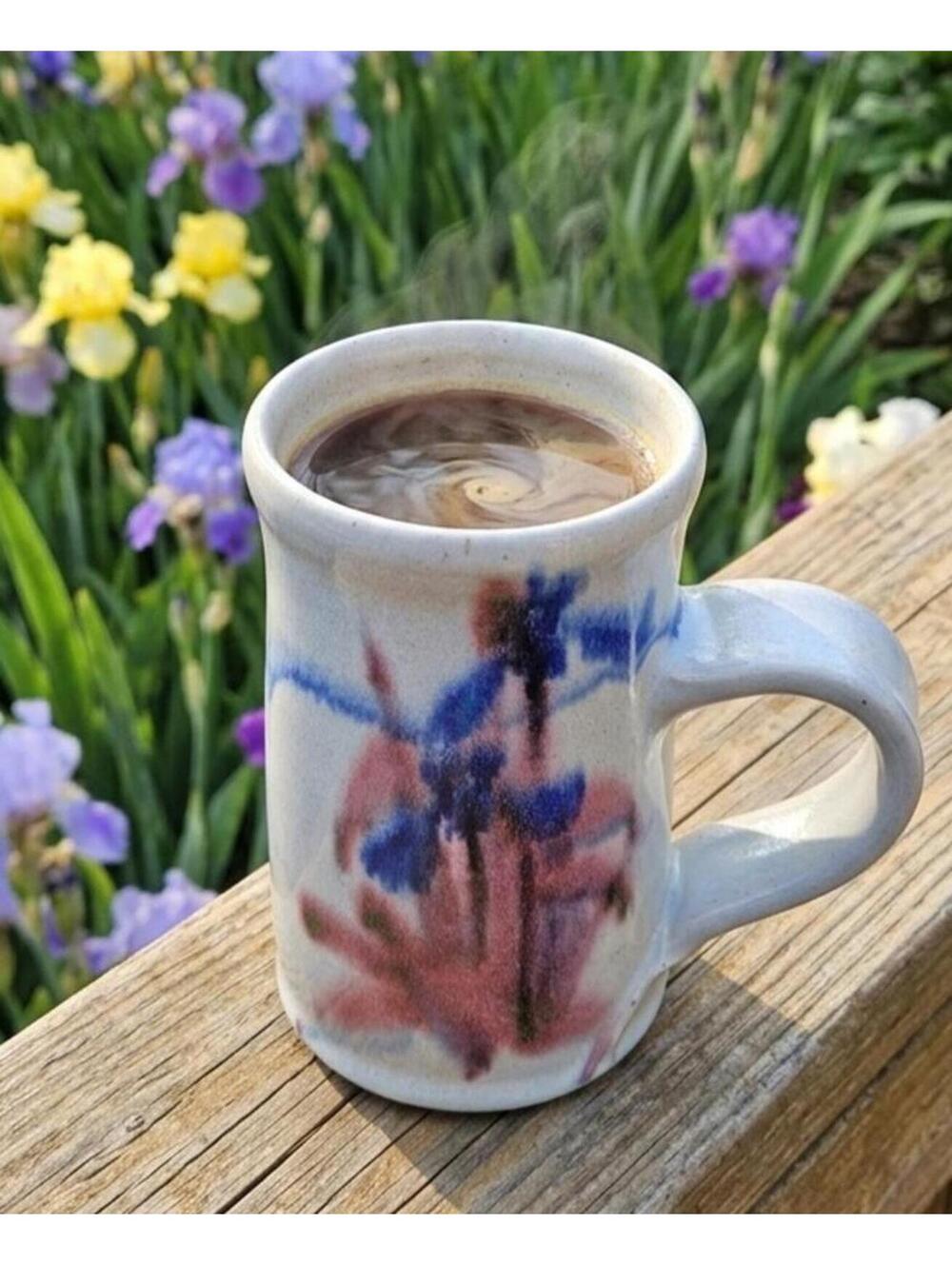 Watercolor Iris Purple and Punk Handmade Studio Pottery Mug Vintage 1990
